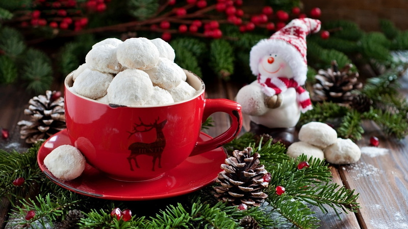 christmas ornament, nature, christmas decoration, hot drink, representation, saucer, crockery, cup, mug, sweets, food and drink, 1080P, tea cup, focus on foreground