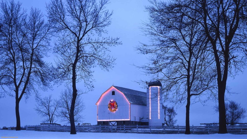 wreath, christmas, nature and landscapes, 1080P, lights, snow, lighted, country, wisconsin, barn