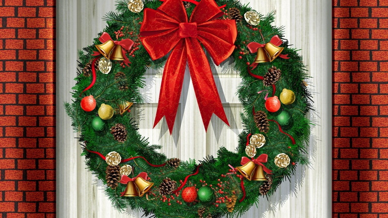 ribbon, branches, beautiful, colorful, snow, christmas, green, new year, 2K, house, nice, greenery, pretty, wreath, decora, lovely, christmsa