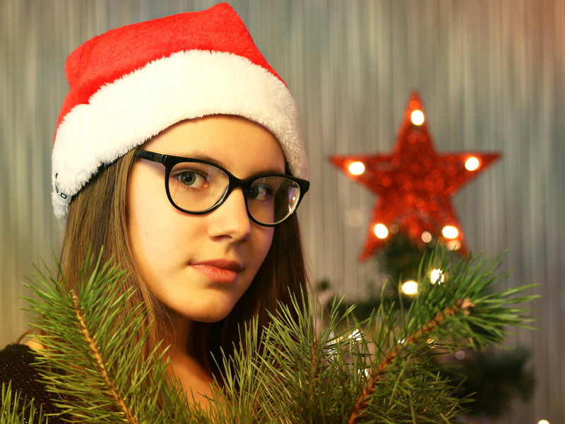 red, congratulation, new year, santa hat, young adult, adult, star, finial, christmas, warm clothing, christmas decoration, lights, hat, holiday - event