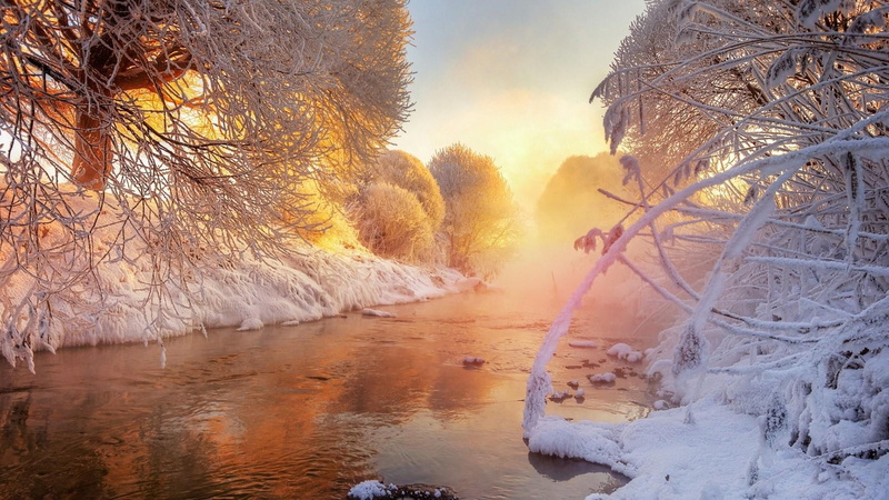 sunlight, stream, sky, tree, river, nature, snow, winter, morning, russia, 1080P, water, park, murinskiy, branch, bank, st. petersburg