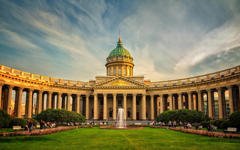landscape, st, building, yellow, kazan cathedral, 1080P, st petersburg, petersburg, fountain, kazan, beautiful, concrete, cathedral