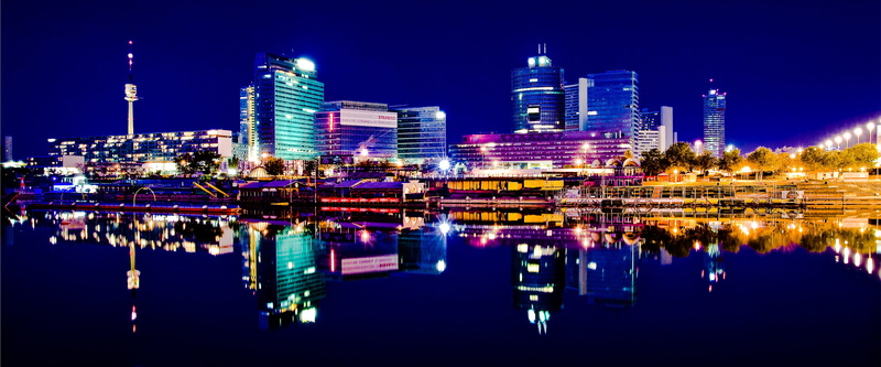downtown district, austria, danube, modern, illuminated, panorama, architecture, water, reflection, vienna, city, no people, night, skyline, sky, built structure