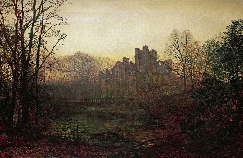 pond, 1080P, Trees, Classical art, house, leaves, Fall, John Atkinson Grimshaw, painting