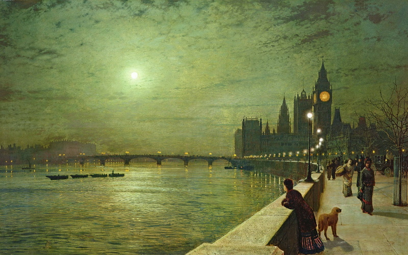 Promenade, Moon, Grimshaw, painting, atkinson, night, buildings, 1080P, cities, art, john, rivers, People