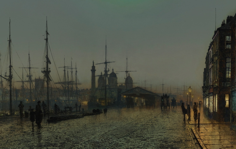 ship, the urban landscape, promenade, Hull Docks By Night, John Atkinson Grimshaw, picture, home, 4K, lights