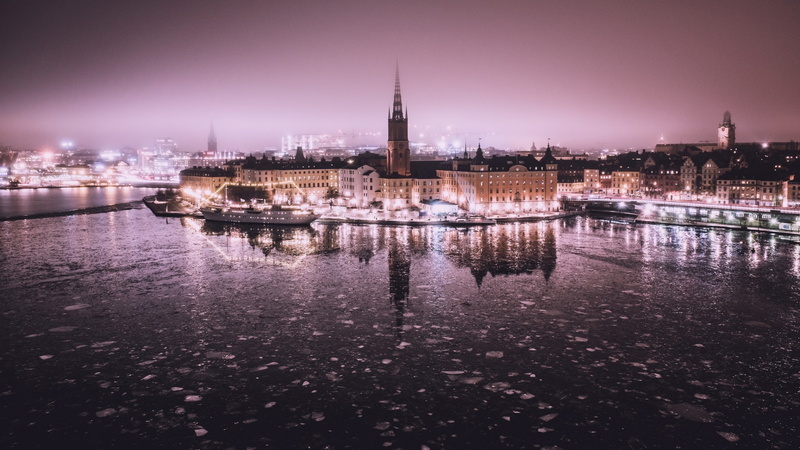 cityscape, night, sky, lights, water, 1080P, Stockholm