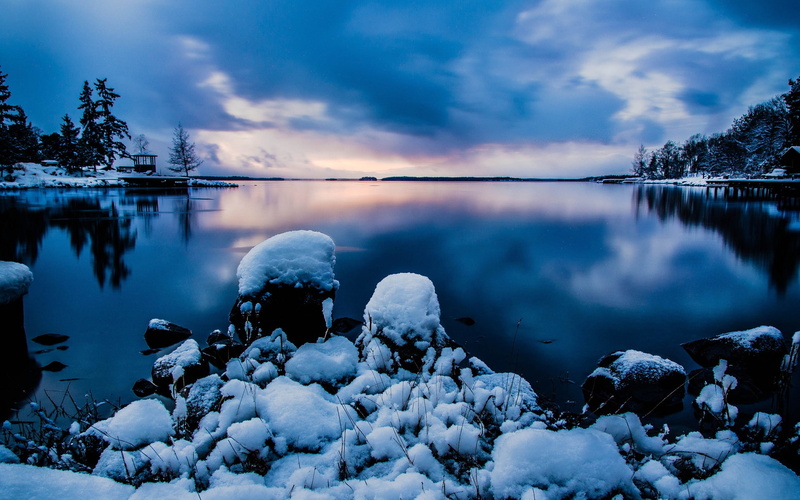 Winter, Blue, near, Sky, trees, Snow, body, Calm, Stockholm, Cold, covered, Night, Beautiful, water, Sweden, 1080P, Lake