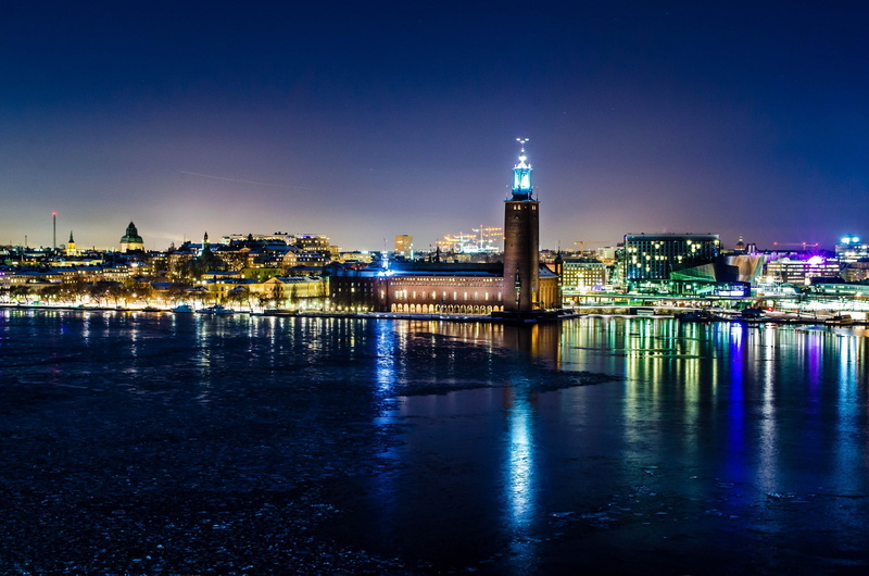 reflection, 1080P, winter, Night, city, lights, town hall, Stockholm, picture, Sweden