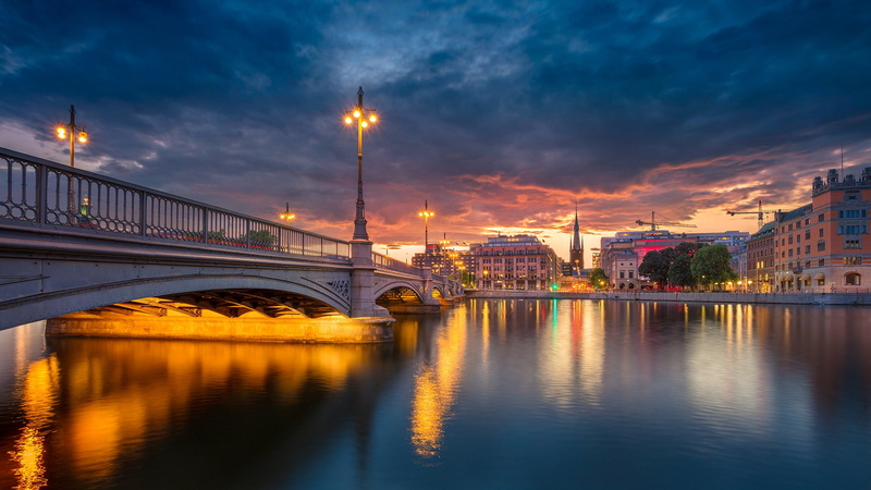 bridge, the evening, building, river, Stockholm, Old Town, Sweden, 1080P, lights