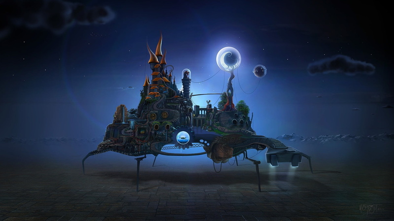 astrology, ropes, built structure, solar system, David Fuhrer, tower, technology, full moon, sphere, surreal, stairs, clouds, illustration, astronomy, planet - space