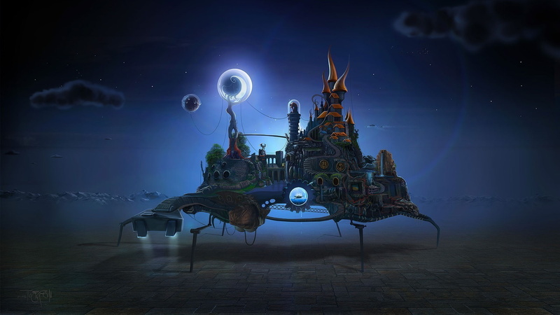 moon, star - space, astronomy, planetary moon, dark, built structure, building exterior, no people, fantasy art surreal clouds tower stairs sphere lights house ropes bricks david fuhrer artwork