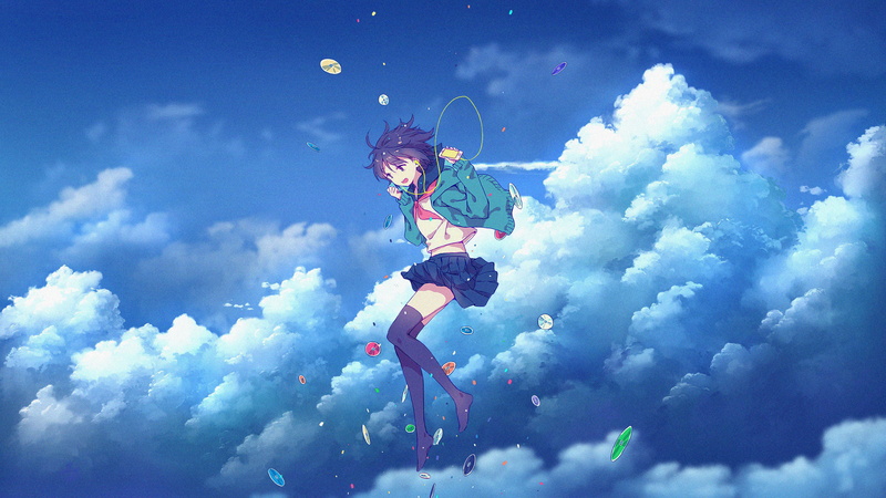 Fly, anime girls, anime, vertical, tights, short hair, confetti, dress, 4K, skinny, headphones, discs, clouds, dom, music, skirt