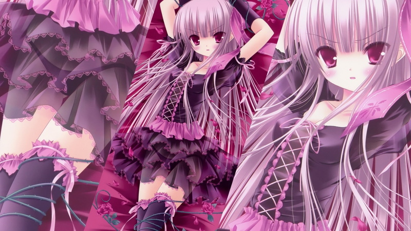 pink hair, anime, eyes, illustrations, tinkle, 1080P, dress, art, hair, skirts, lolita, hd, fashion, pink, girls, tights, people, gothic