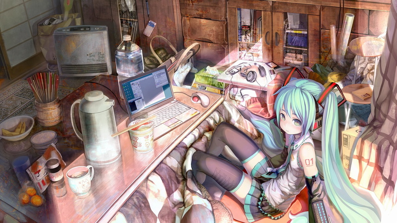 miku, tights, bott, vocaloid, skirts, food, green, 1080P, water, hot, art, Computers, headphones, anime, eyes, hair, hd, hatsune