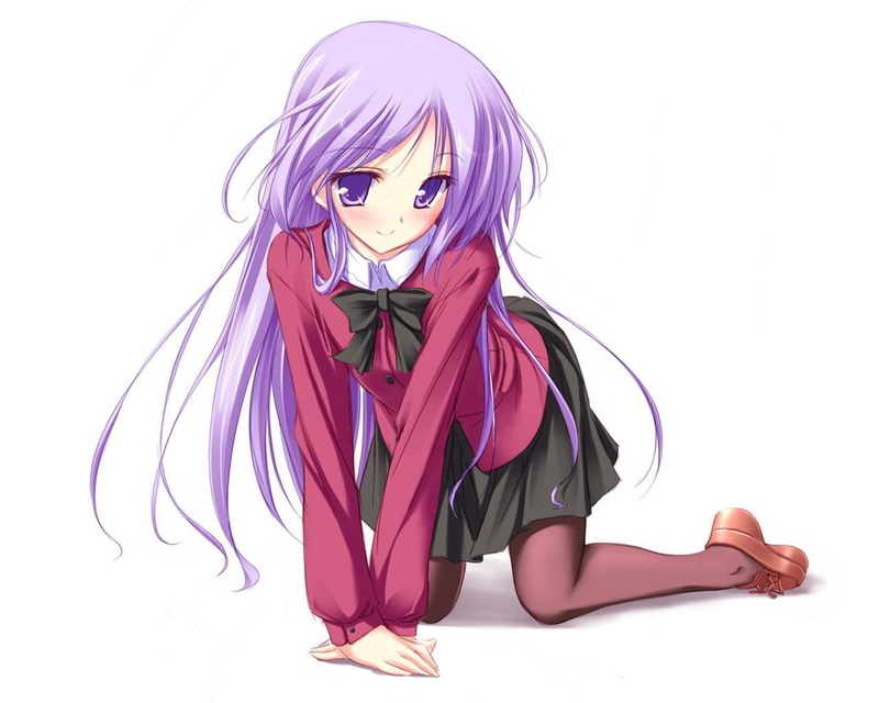 looking at camera, costume, girl, skirt, young adult, cute, cut out, young women, shirt, hair, full length, beautiful woman, purple, women, wig