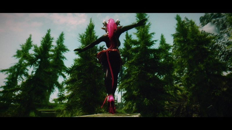 high heels pink pink heels pink nails tail pink hair tartan short skirt tartan skirt horns glasses tight clothing long hair grass mods the elder scrolls v skyrim