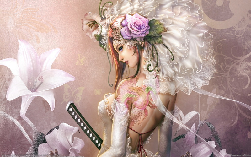 1080P, haired, Fantasy, gown, Tattoo, backless, brown, white, wedding, female, Girl