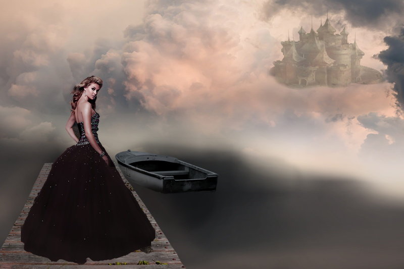 tube, castle, young women, dream, young adult, elegance, women, digital composite, wearing, female, woman, dock, dreams, clothing, standing, beautiful woman