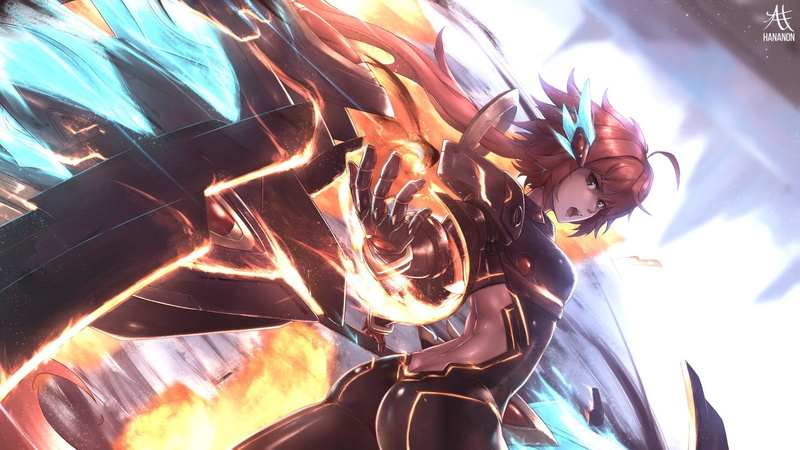 fantasy art, Hananon, 720P, exosuit, redhead, anime girls, anime, backless