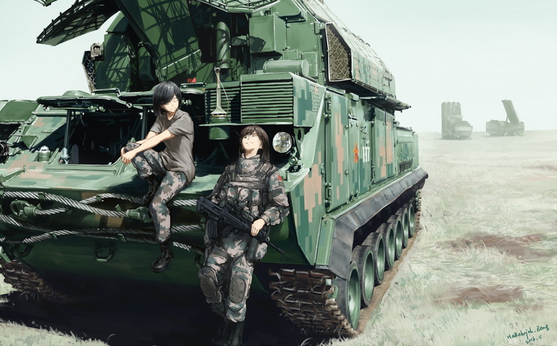 Girls and Panzer, brunette, chinese, weapon, oriental, 1080P, asiatic, gun, Tavor, uniform, IMI Tavor TAR-21, launches missel, parody, IMI Tavor, soldier