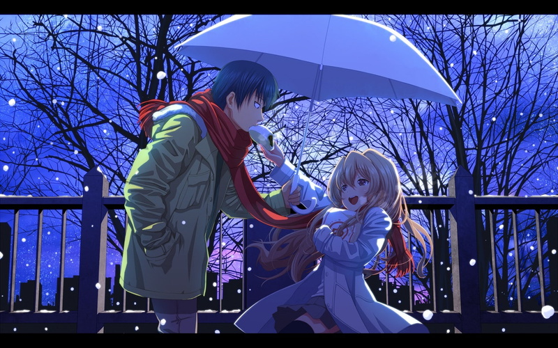 720P, food, Takasu Ryuuji, umbrella, snow, Toradora!, scarf, Aisaka Taiga, anime