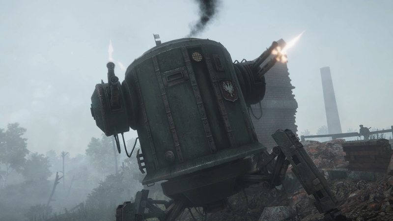 outdoors, smoke - physical structure, history, fog, military, one person, building exterior, mech, sky, architecture, the past, built structure, day, Polania Republic (Iron Harvest)