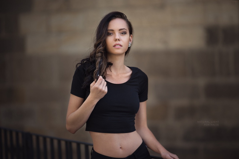 1080P, fashion, face, three quarter length, women, portrait, standing, adult, long hair, brown hair, focus on foreground, women outdoors, black clothing