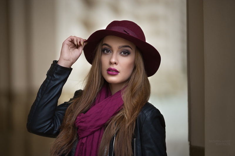 brown eyes, women, portrait, hat, auburn hair, leather jackets, 1080P, long hair, Robert Chrenka, makeup, millinery, scarf