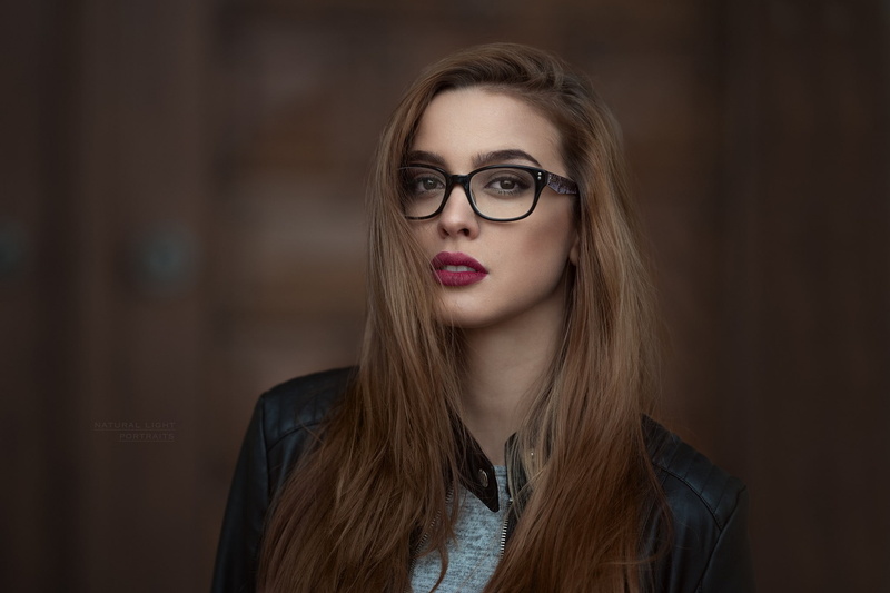 women with glasses, depth of field, portrait, Robert Chrenka, glasses, women, leather jackets, 1080P, face