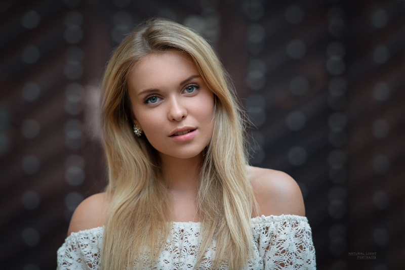 mouth, lips, blonde, face, looking at camera, blue eyes, straight hair, pink lipstick, open mouth, Robert Chrenka, 1080P, long hair, Model, close up, bare shoulders