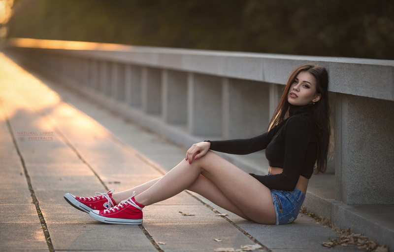 Robert Chrenka, on the floor, mouth, sunset, dark eyes, top, model, brunette, fence, long hair, legs, hair in face, portrait, shorts, lipstick, photo, 1080P