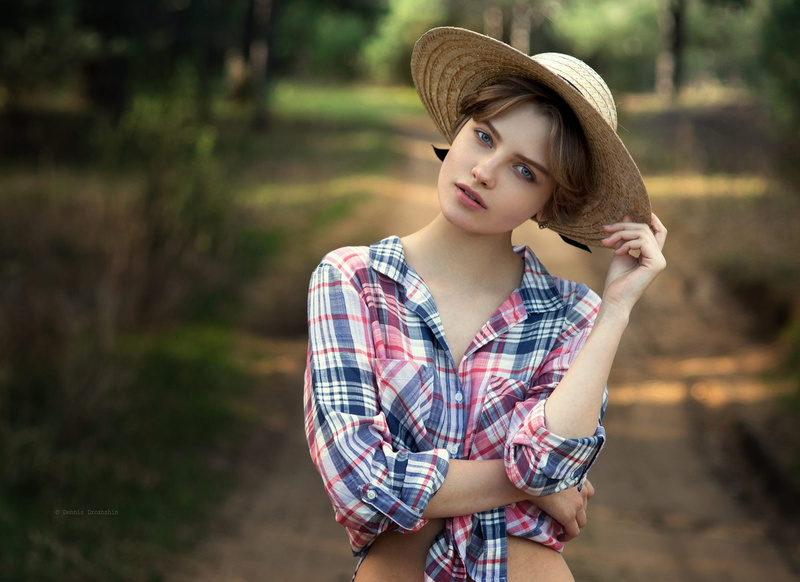 women, shirt, portrait, blue eyes, 1080P, hat, brunette, short hair, face, bokeh, women outdoors, Dennis Drozhzhin