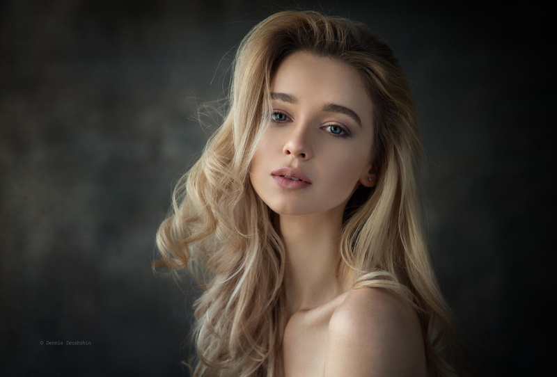 wide jaw, wavy hair, face, blonde, women, hair in face, 1080P, blue eyes, simple background, portrait, Dennis Drozhzhin, bare shoulders