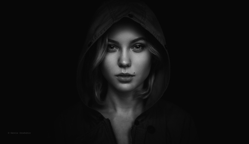 Dennis Drozhzhin, monochrome, 1080P, face, women, portrait, hoods
