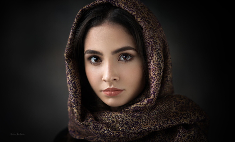 500px, Nelly, Dennis Drozhzhin, brown eyes, black hair, hoods, women, portrait, face, simple background, brunette, 1080P