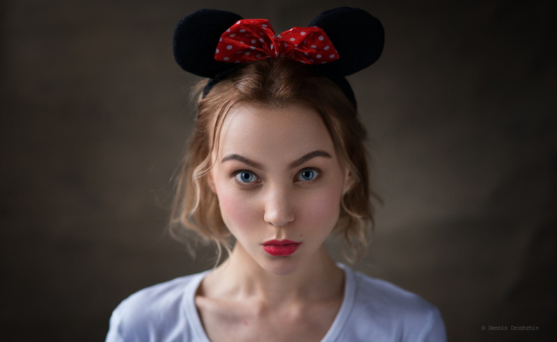 lips, eyes, portrait, 1080P, face, lolita, lipstick, blue eyes, simple background, looking at viewer, Dennis Drozhzhin, women, mouse ears, blonde, model