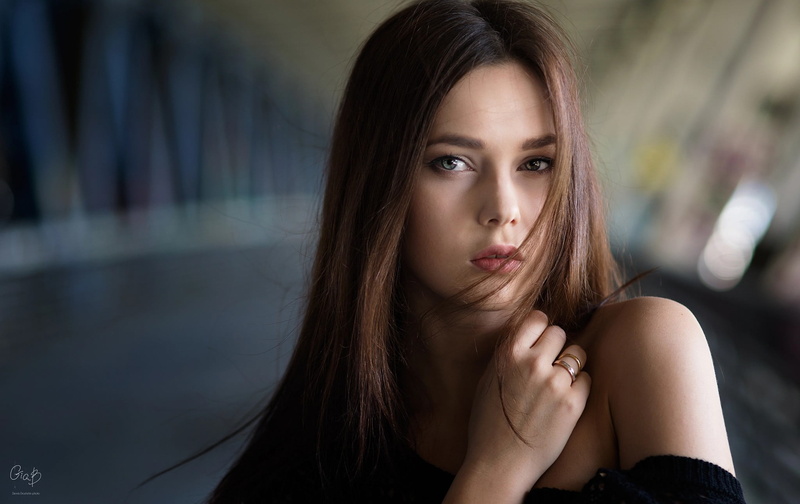 brunette, bokeh, gray eyes, model, depth of field, photography, women, portrait, face, looking at viewer, hair in face, 1080P, Dennis Drozhzhin, blurred