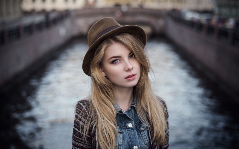long hair, millinery, Irina Popova, hat, face, 2K, blonde, women, river, green eyes