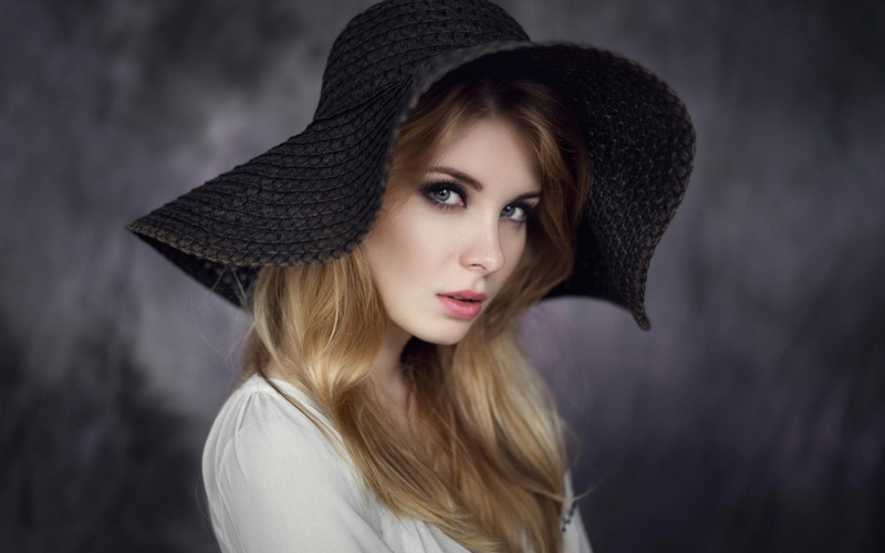 blonde, long hair, white tops, 1080P, open mouth, eyes, simple background, portrait, hat, looking at viewer, Irina Popova, women