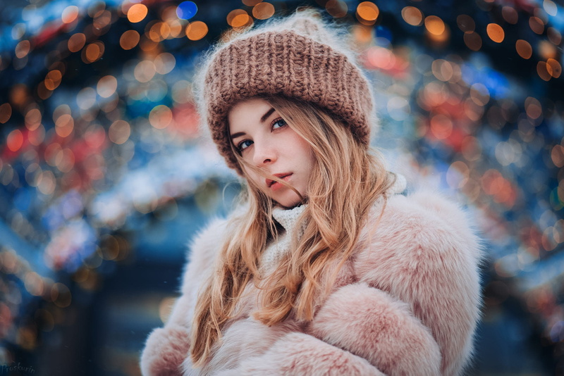 bokeh, fur coats, white sweater, looking at viewer, face, pink coat, women outdoors, long hair, hair in face, Irina Popova, Ivan Proskurin, portrait, hat