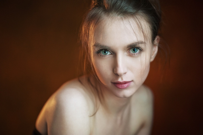 green eyes, hairstyle, 1080P, simple background, Maxim Maximov, one person, black background, blond hair, face, young adult, Victoria Vishnevetskaya, headshot