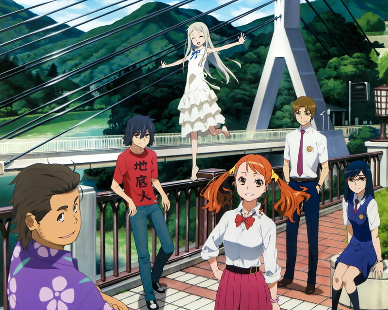 Smile, Anime, 720P, Chiriko Tsurumi, Bridge, Barefoot, Tie, Atsumu Matsuyuki, Glasses, Girl, Twintails, Naruko Anjou, Dress, Skirt, Anohana, Meiko Honma