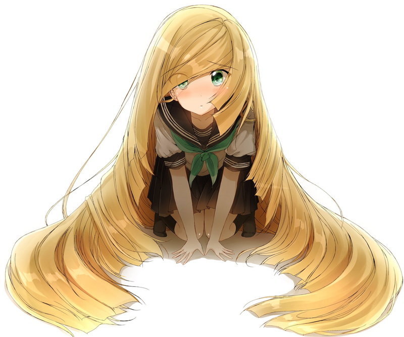 looking at viewer, sitting, barefoot, bow-tie, Pokémon, short sleeves, bangs, blushing, skirt, black legwear, green eyes, 1080P, white  background, anime