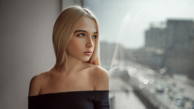 looking away, blonde, women, Maria Popova, Georgy Chernyadyev, 1080P, portrait, window