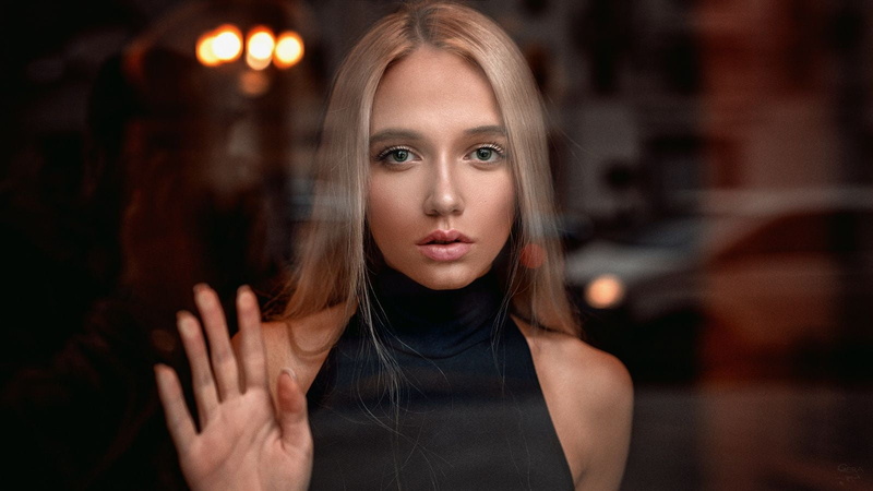720P, blouse, portrait, looking at viewer, women, glass, black clothing, straight hair, long hair, Maria Popova, blonde, Georgy Chernyadyev