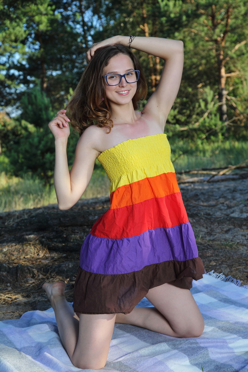 women, dress, glasses, trees, brunette, thin, plants, colorful, armpits, Milana, grass, Ava (Model), shoulder length hair, earring, Met-Art, 5K, towel