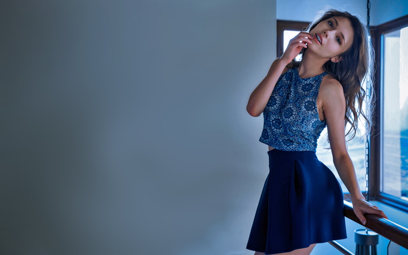 5K, looking at viewer, miniskirt, model, blue skirt, mouth, blue eyes, lips, skirt, top, finger on lips, blue miniskirt, women, Mila Azul, blue tops, bare shoulders