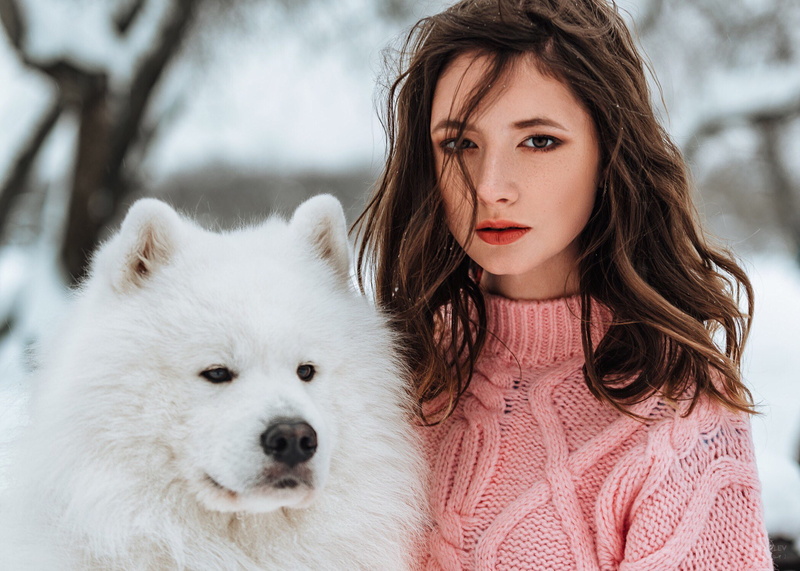 pet, 1080P, dog, women, women outdoors, model, pink sweater, Evgeny Markalev, Disha Shemetova, portrait, looking at viewer, sweater, brunette, animals