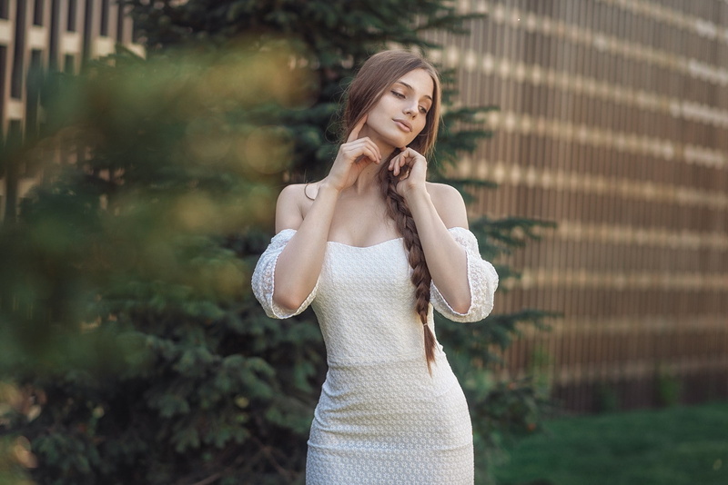 bokeh, 1080P, braids, strapless dress, brunette, Galyaev Evgeniy, dress, women outdoors, women, looking away, model, photography, bare shoulders, portrait